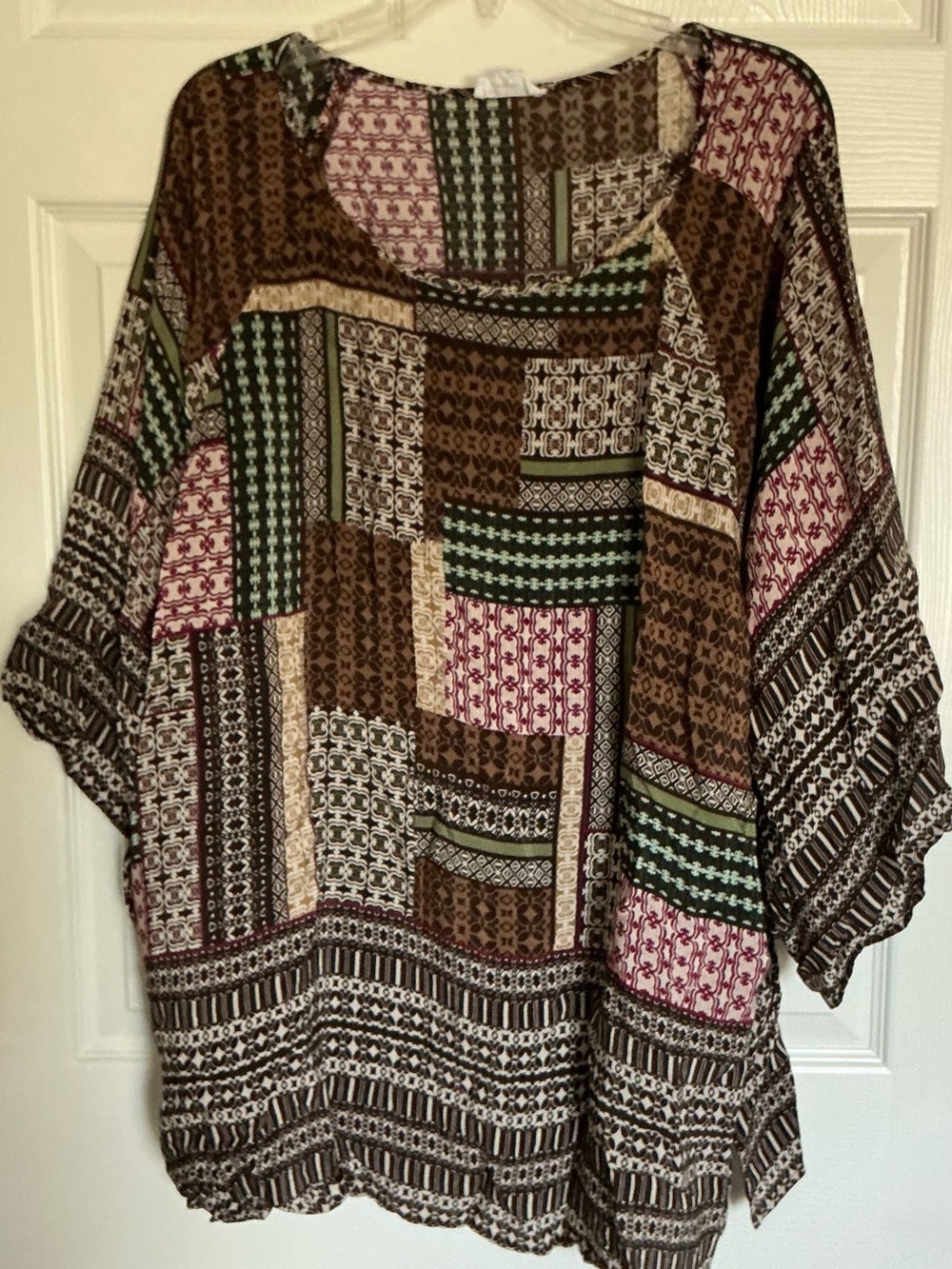 Westbound Woman 3X Top Earthy Boho Patchwork Mosaic Print Dolman Sleeve Tunic